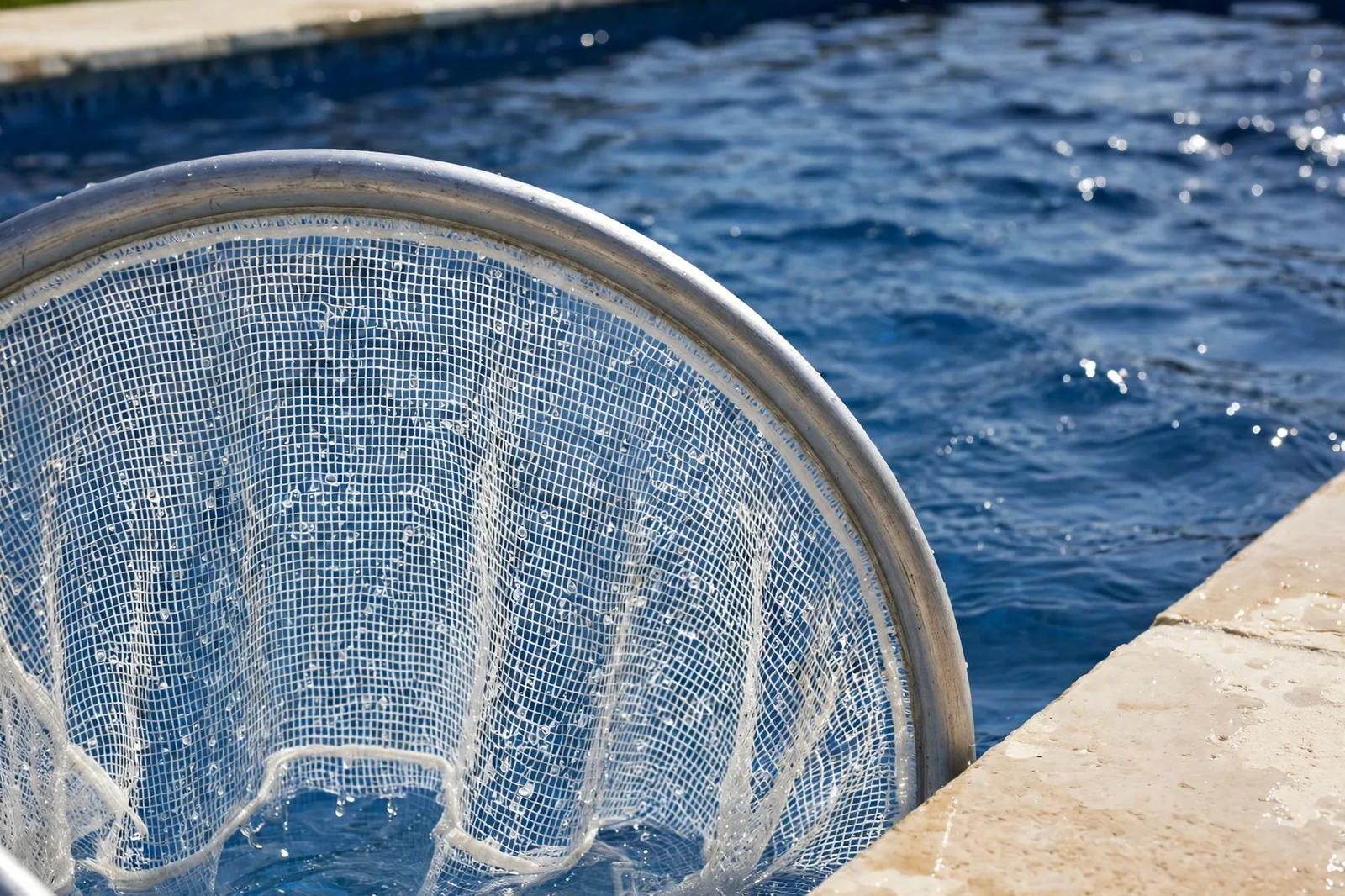 Skimmer net hoop resting at the pool edge