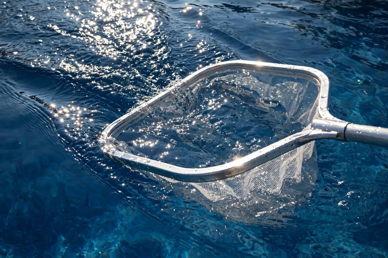 Skimmer net sweeping across deep blue pool water